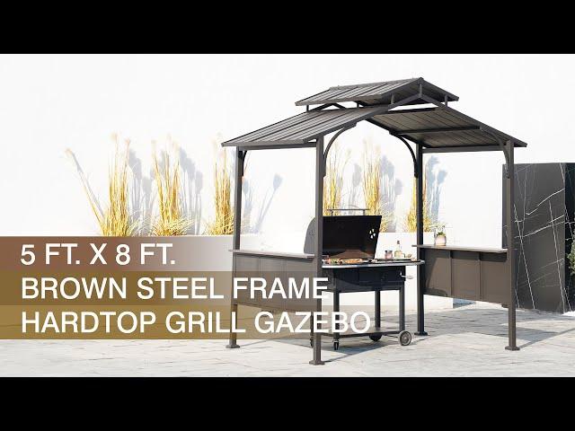 5 x 8ft. Brown 2-Tier Steel Hardtop Grill Gazebo By Sunjoy | with Hook & Shelves Design