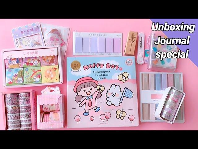 new journal unboxing / kawaii sticker + Washi tape + mini diary + highlighter + cat knife unboxing