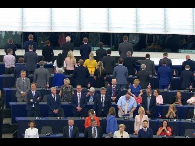 Nigel Farage and Brexit Party MEPs anger EU as they turn their backs on European anthem (2/07/19)