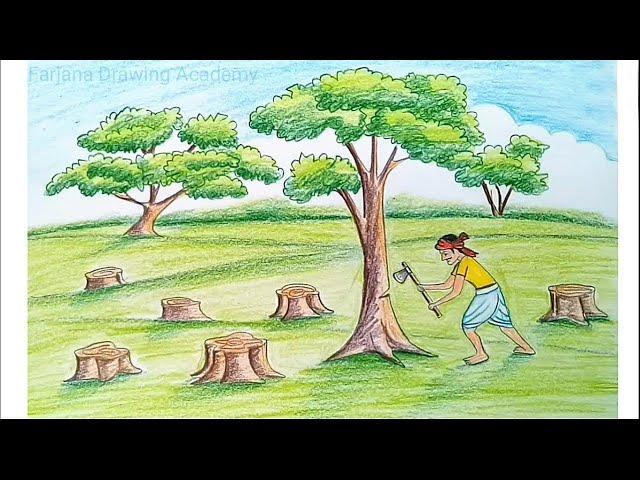 How to draw scenery of save trees for save nature... step by step