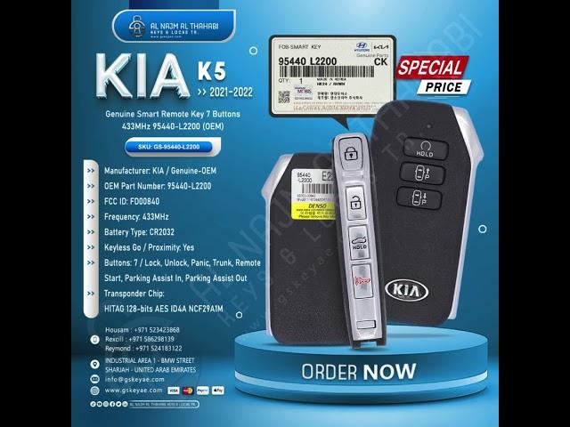 2021-2022 KIA K5 Genuine Smart Remote Key 7 Button 433MHz 95440-L2200 (OEM). #gskey #uae #key