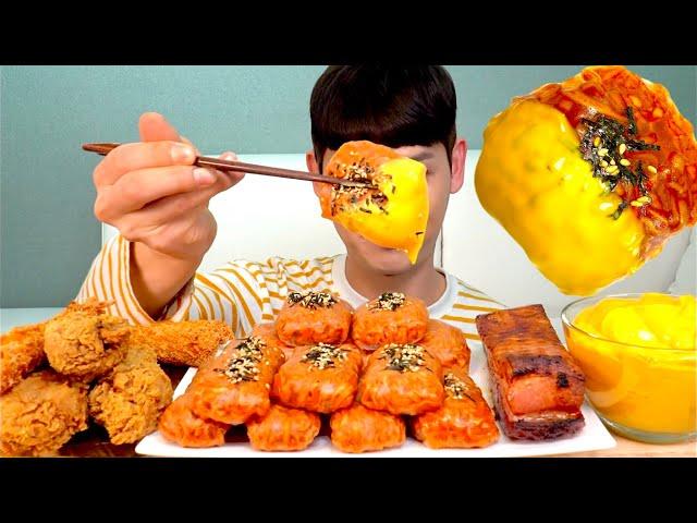 ASMR 치즈 불닭볶음쌈  통삼겹스테이크 새우튀김 닭다리 먹방~!! Cheese Spicy Noodles With Fried Chicken Legs MuKBang~!!