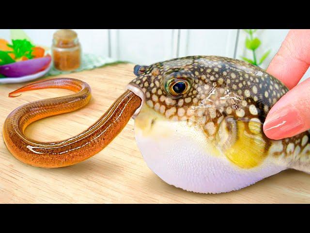 Yummy Miniature Spicy Puffer Fish with Grilled Eel Recipe  ASMR Cooking Blow Fish in Mini Kitchen