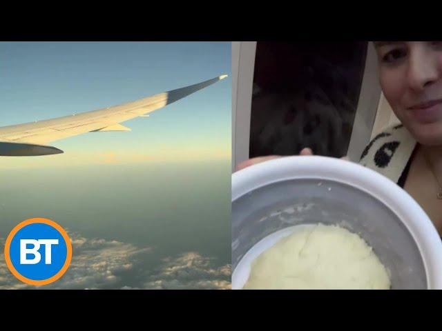 An influencer is being called out for baking bread... on an airplane