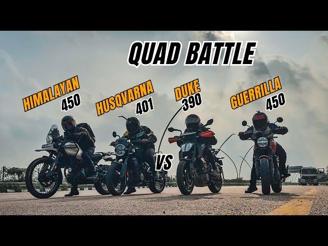 Guerrilla 450 Vs Ktm Duke 390 BS6 Vs Svartpilen 401 Vs Himalayan 450 Quad Race | Unexpected Results