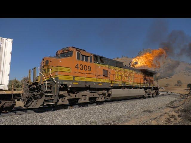 TRAIN ON FIRE!!! BNSF RAILWAY DPU catches fire in Tehachapi! Full Video with footage of firefight !!