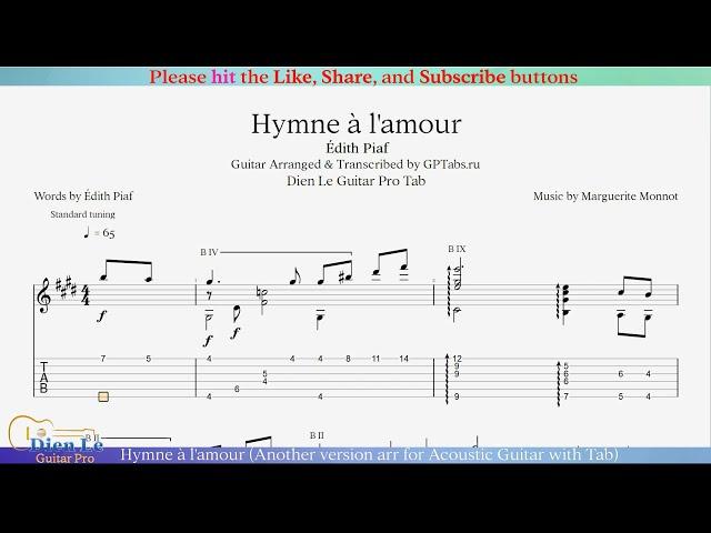 Hymne à l'amour (Another version arr for Acoustic Guitar with Tab)