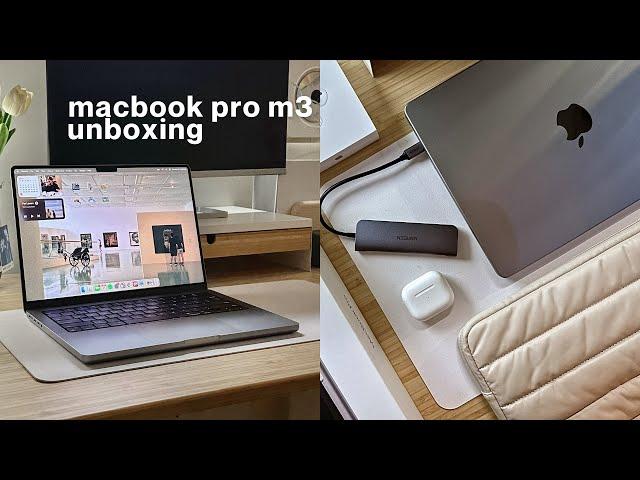 macbook pro m3 unboxing [14" space gray] ️  +airpods 3, accessories, macOS sonoma desktop aesthetic