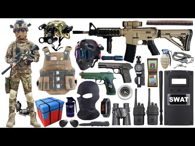 Special police weapon toy set unboxing, M4A1 assault rifle, tactical helmet, Glock pistol, bomb