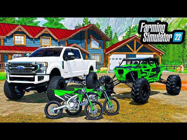 BUILDING "AWESOME" $2,000,000 HUNTING CABIN! (LIFTED TRUCKS + RZR) | FS22