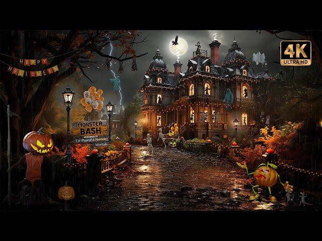 Monster Bash Halloween Party Ambience with Spooky Music, Rain, & Thunder Sounds | 4K 