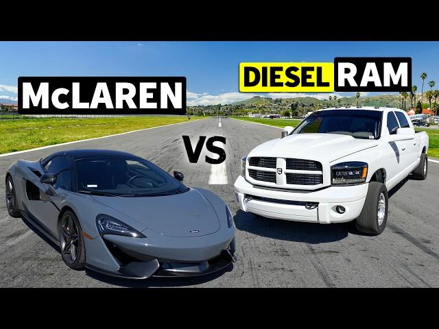 BUILT vs BOUGHT! 1300hp Cummins RAM races Fresh-off-the-Floor McLaren 570S