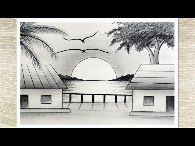 Sunset Landscape Drawing with pencil, Pencil Drawing for Beginners step by step