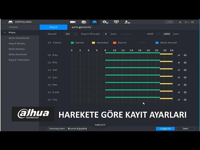 Dahua kamera sistemi harekete göre kayıt ararı nasıl yapılır