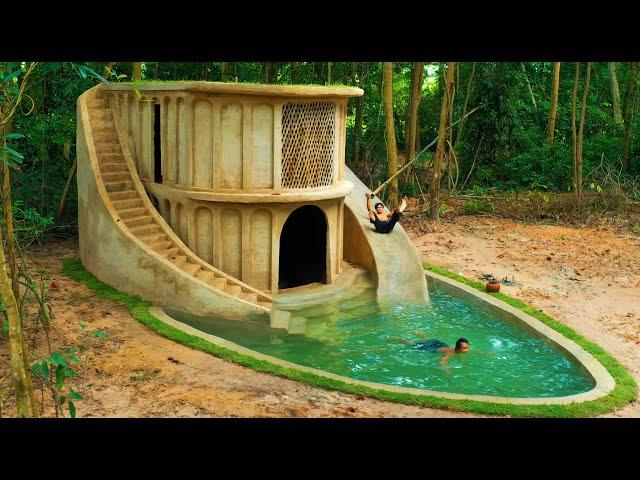 100 Days Build Underground Two Story Villa with Grass Roof and Waterslide To Swimming Pool