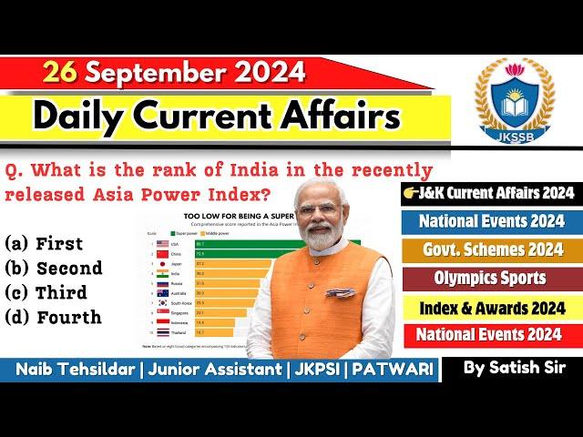 26th September 2024 | Current Affairs today | Daily current affairs for JKSSB Exams | Jkssb Tutorial