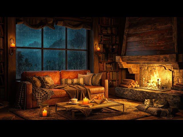 Cozy Cabin Ambience with Soft Jazz Music ️ Heavy Rain, Fireplace Sounds to Relax & Sleep 4K