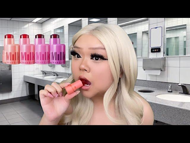 ASMR dumb b̶t̶c̶h̶ girl EATS your MILK MAKEUP JELLY BLUSHES in the school bathroom *FAKE*(realistic)