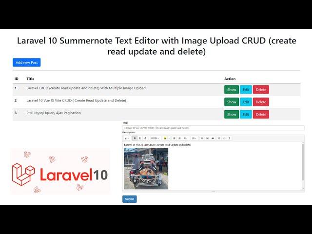 Laravel 10 Summernote Text Editor with Image Upload CRUD (create read update and delete)