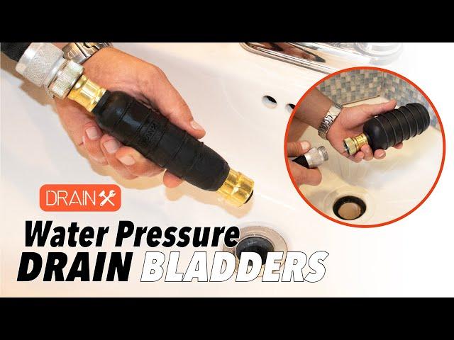 Hydro Pressure Bladders blast water into cloggs to clear sinks, showers, tubs, drains, gutters, more