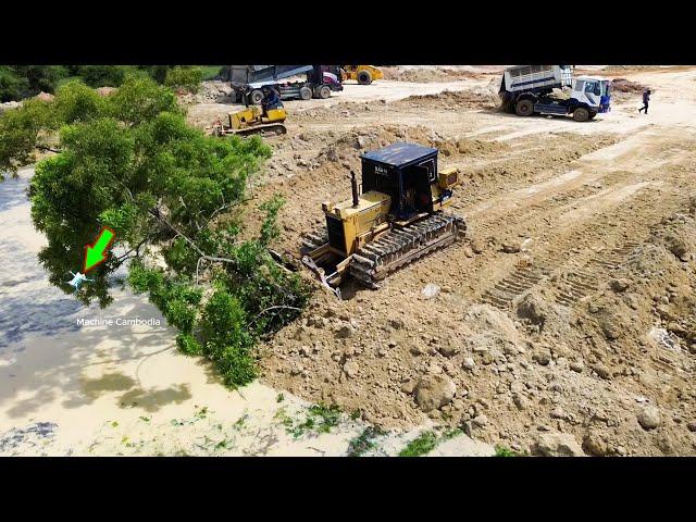 Wonderful technique pushing skill with Komatsu D41P Dozer in landfill area in action