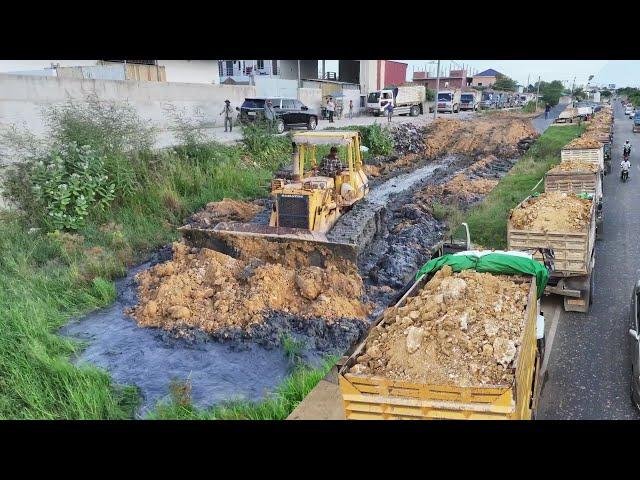 Nice Job Operator Bulldozer KOMATSU D53P Pushing Dirt Stone Filling Up Land Building Temp Road 5Ton