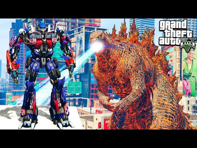 ГОДЗИЛЛА ПРОТИВ ОПТИМУСА ПРАЙМА ТРАНСФОРМЕРА ГТА 5 МОДЫ OPTIMUS PRIME VS GODZILLA ОБЗОР МОДА В GTA 5