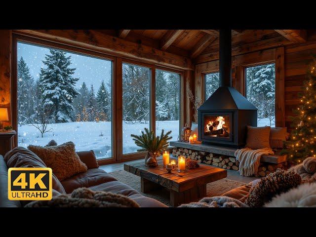 Snowfall at Cozy Winter Cabin Ambience ️ Slow Piano Music & Fireplace Sounds for Relaxation