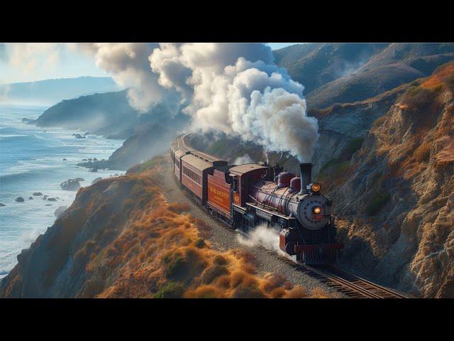 Steam and Freight Trains with American Folk Music and Beautiful Scenery | 4K