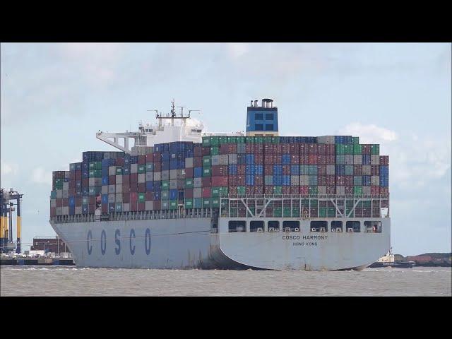 Deep draughted Cosco Harmony swings off the berth to depart Felixstowe bound East 25th February 2020