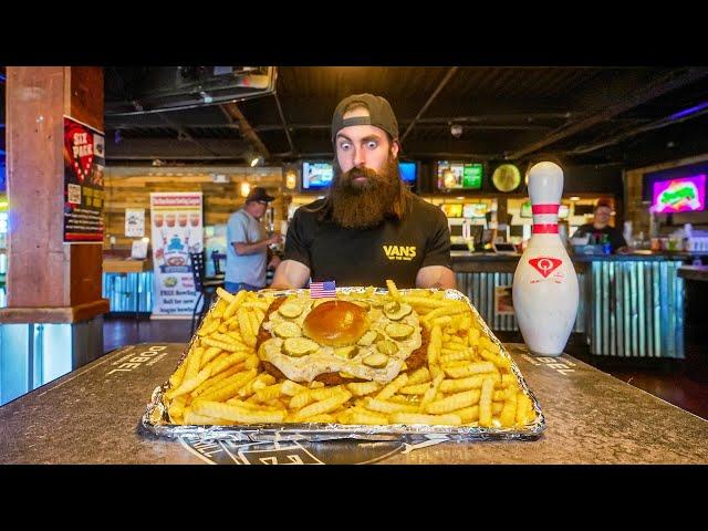 YOU WIN A HUGE TROPHY IF YOU FINISH THIS TENDERLOIN CHALLENGE IN A BOWLING ALLEY! | BeardMeatsFood