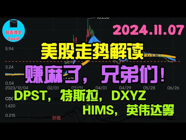 11月7日，美股即时走势解读，赚麻了，兄弟们！DPST、特斯拉、DXYZ、HIMS、英伟达 ️️ #美股推荐2024 #英伟达股票 #特斯拉股票 #美股投资 #美股大涨 #美股大跌 #美股期权