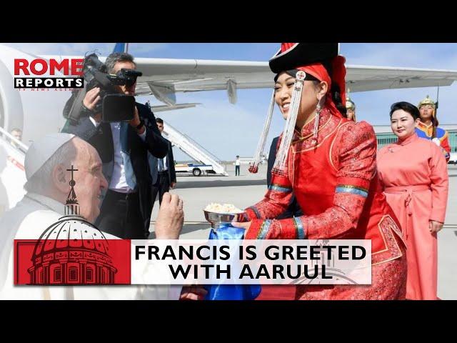 Pope Francis is greeted with aaruul upon arriving in Mongolia