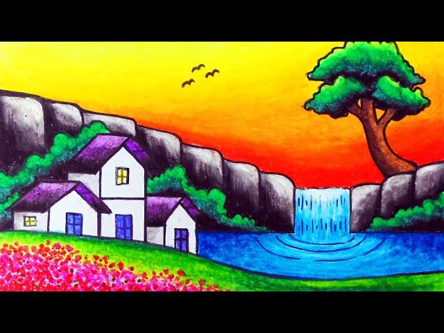 How to Draw Nature Scenery of Waterfall, Sunset and Houses | Easy Waterfall Sunset Scenery Drawing