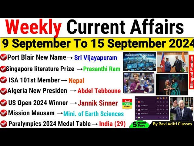 9 September To 15 September | September 2024 Weekly MCQs Current Affairs | Current Affairs 2024