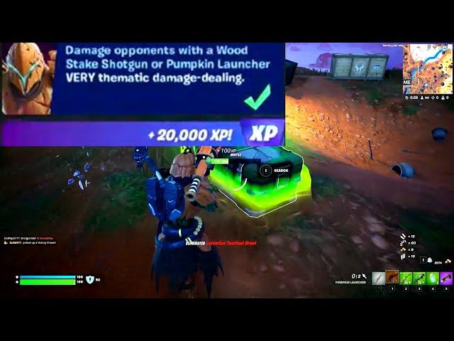 Damage opponents with a Wood Stake Shotgun or Pumpkin Launcher Fortnite