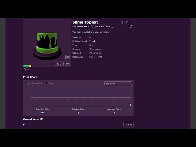 Claiming Serial #1 of the Slime Top Hat (Free UGC Limited)