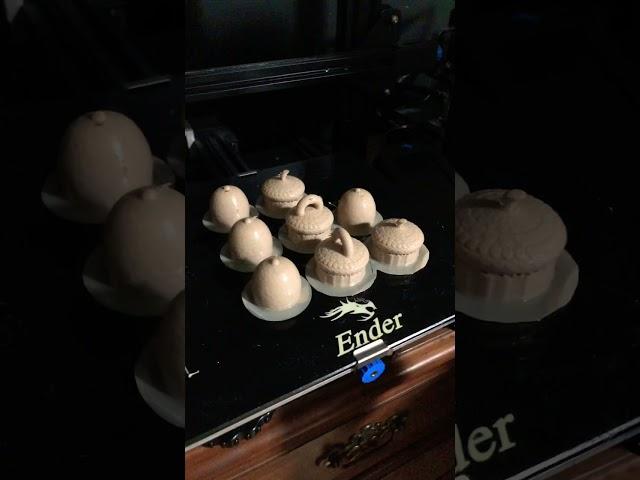 A batch of Fake Acorn GeoCache. These have a Brim and Supports. Printed on Ender 3 V2