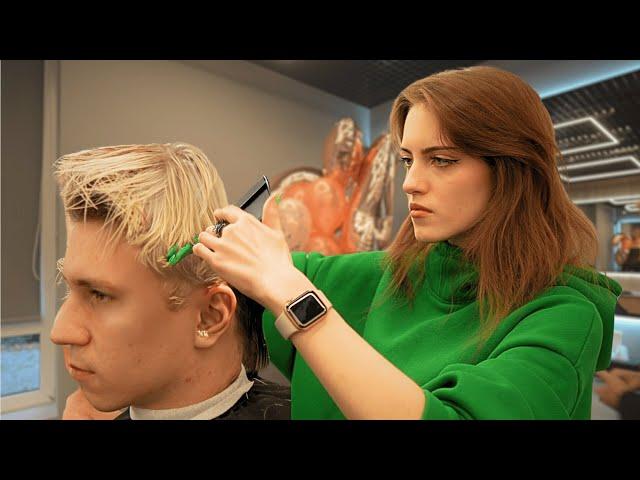 Private Haircut Session With Scissors by Ukrainian Lady Barber For Long Blonde