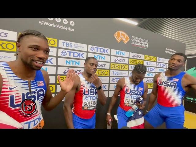 Noah Lyles and Fred Kerley after helping USA to win the men's 4x100m in Budapest 23