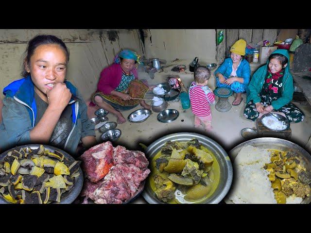 Buff Skin and Bone Dish Recipe Soup || Nepali Village Style Cooking & Eating || Nepali village Life