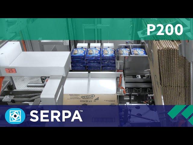 P200 Side Load Case Packer running packages of cookies — Serpa, a ProMach Brand