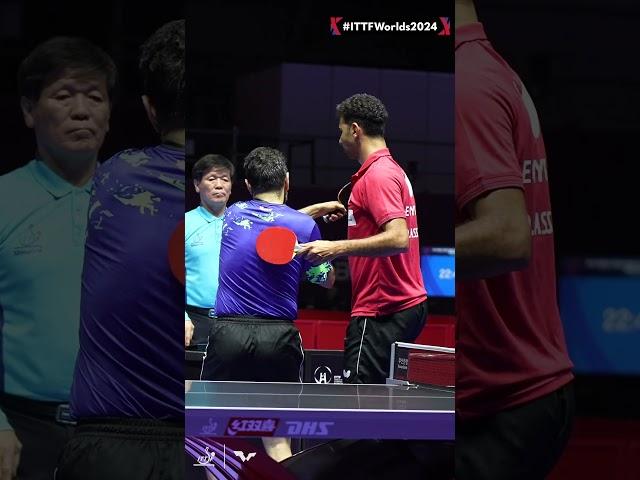 Noshad Alamiyan scores a win over Omar Assar at #ITTFWorlds2024 - but needs a word with the net  