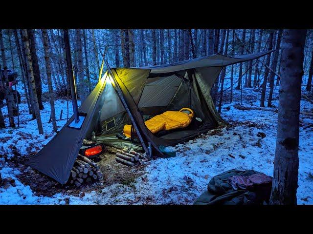 HOT TENT Winter Camping in Snow  - Warm & Cozy Inside with wood stove