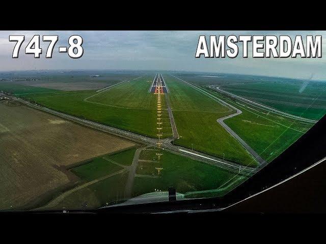 COCKPIT View BOEING 747-8 into Amsterdam SCHIPHOL