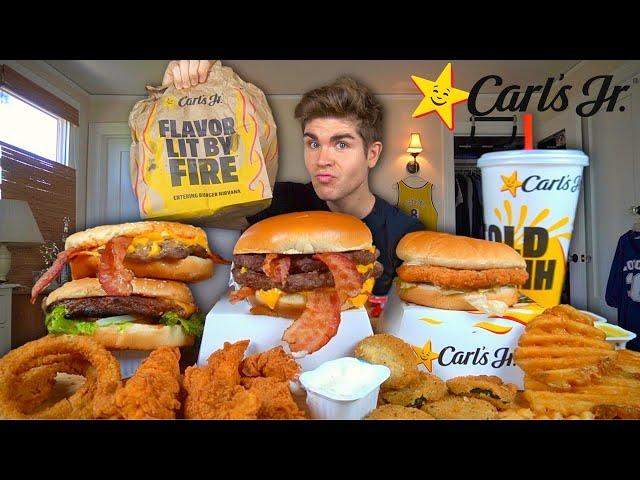 Smashing Carl's Jr. Burgers Mukbang! Bacon Burgers, Tenders, Onion Rings, Fried Zucchini +