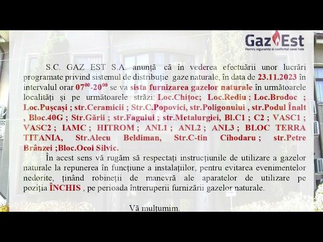 VIDEO//S.C. GAZ EST S.A - SISTARE GAZE NATURALE ÎN DATA DE 23 NOIEMBRIE 2023