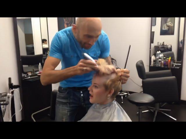 Bald barber brutally shaves blonde girl (4K remaster)