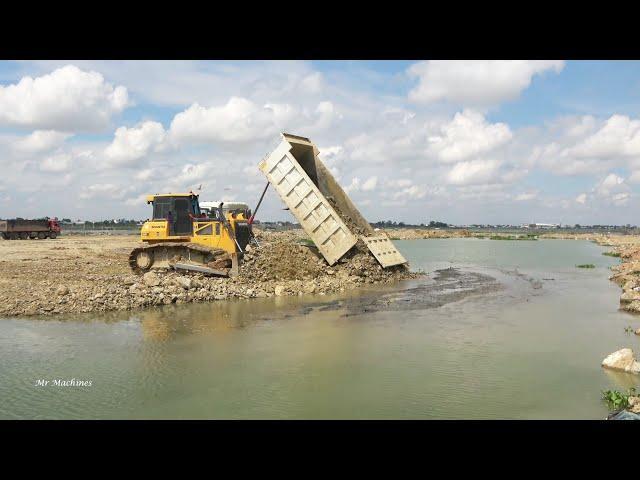 Great Processing ! Big Stronger Dozer Equipment Pushing Gravel Rock Filling Lake with Dump Truck