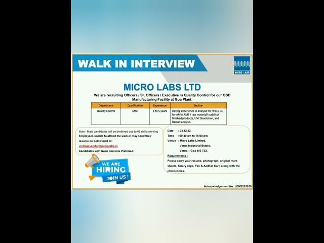 Micro Labs Limited - Walk-In Interviews for Quality Control on 3rd Dec 2022